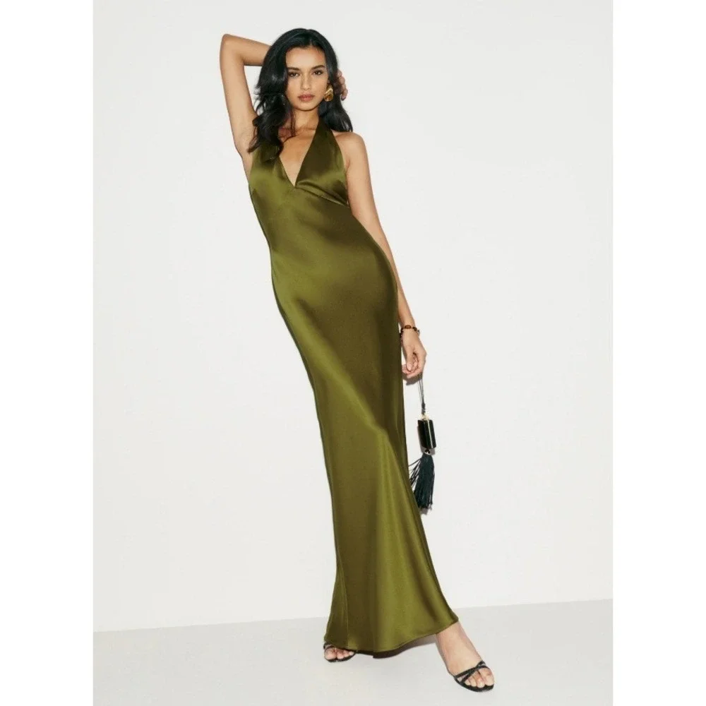Reformation Daniela Silk Halter Maxi Dress in Pear Satin Evening Gown 6 - Picture 4 of 16
